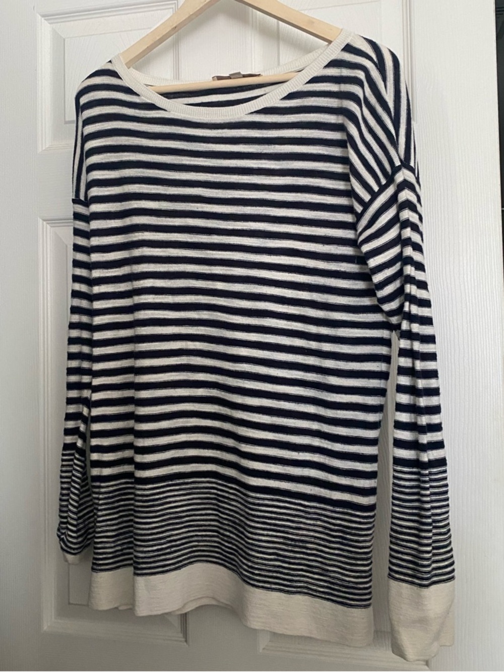 LOFT Navy and White Striped Boatneck Sweater Large